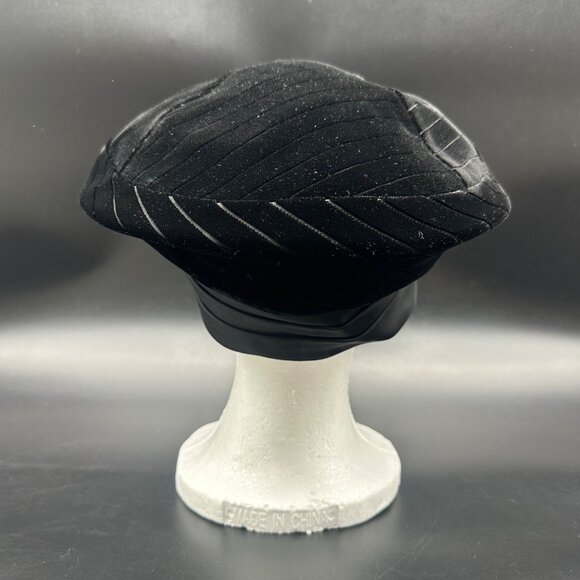 Vintage Beret Hat 1950s Black Velvet Satin Bow Modern Miss Formal Church - Picture 4 of 10